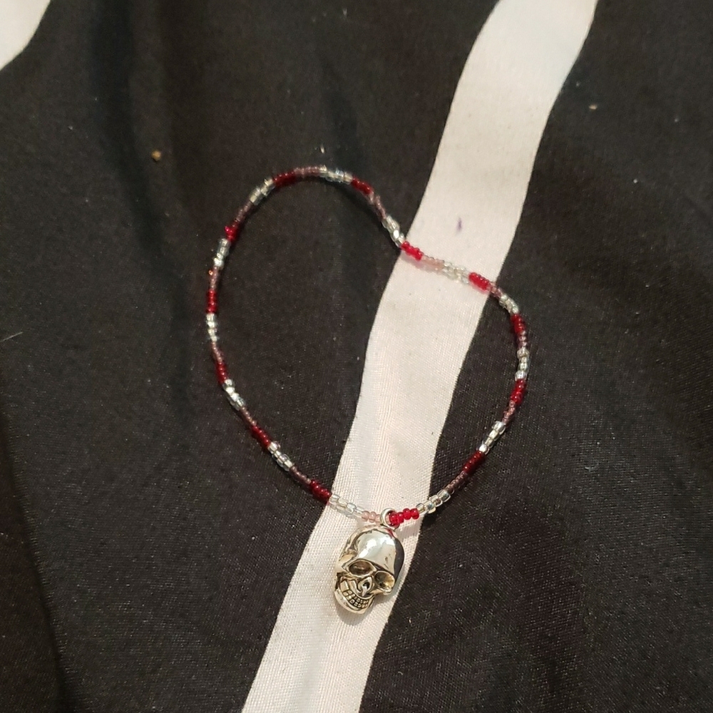Silver and Red Beaded Skull Bracelet